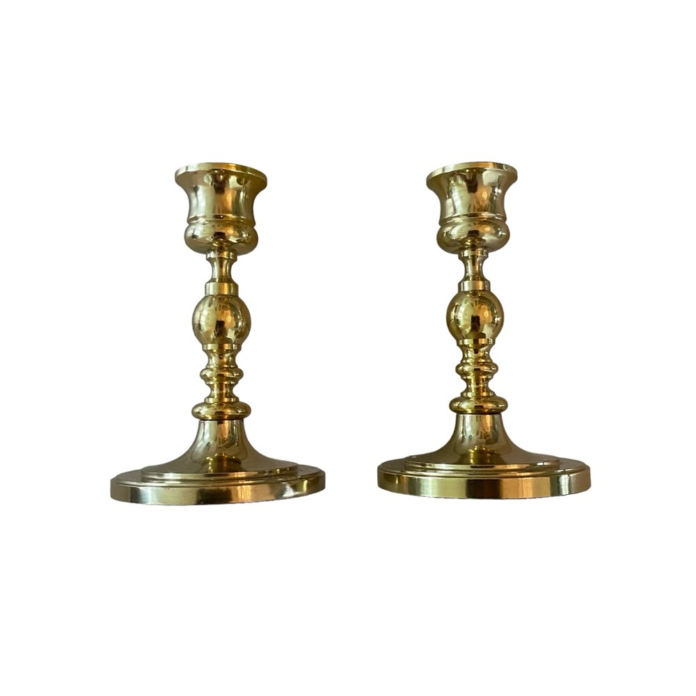 Vintage Brass Gallery Brass Candlestick Candle Holder Pair Taper Candle 4 3/4”
